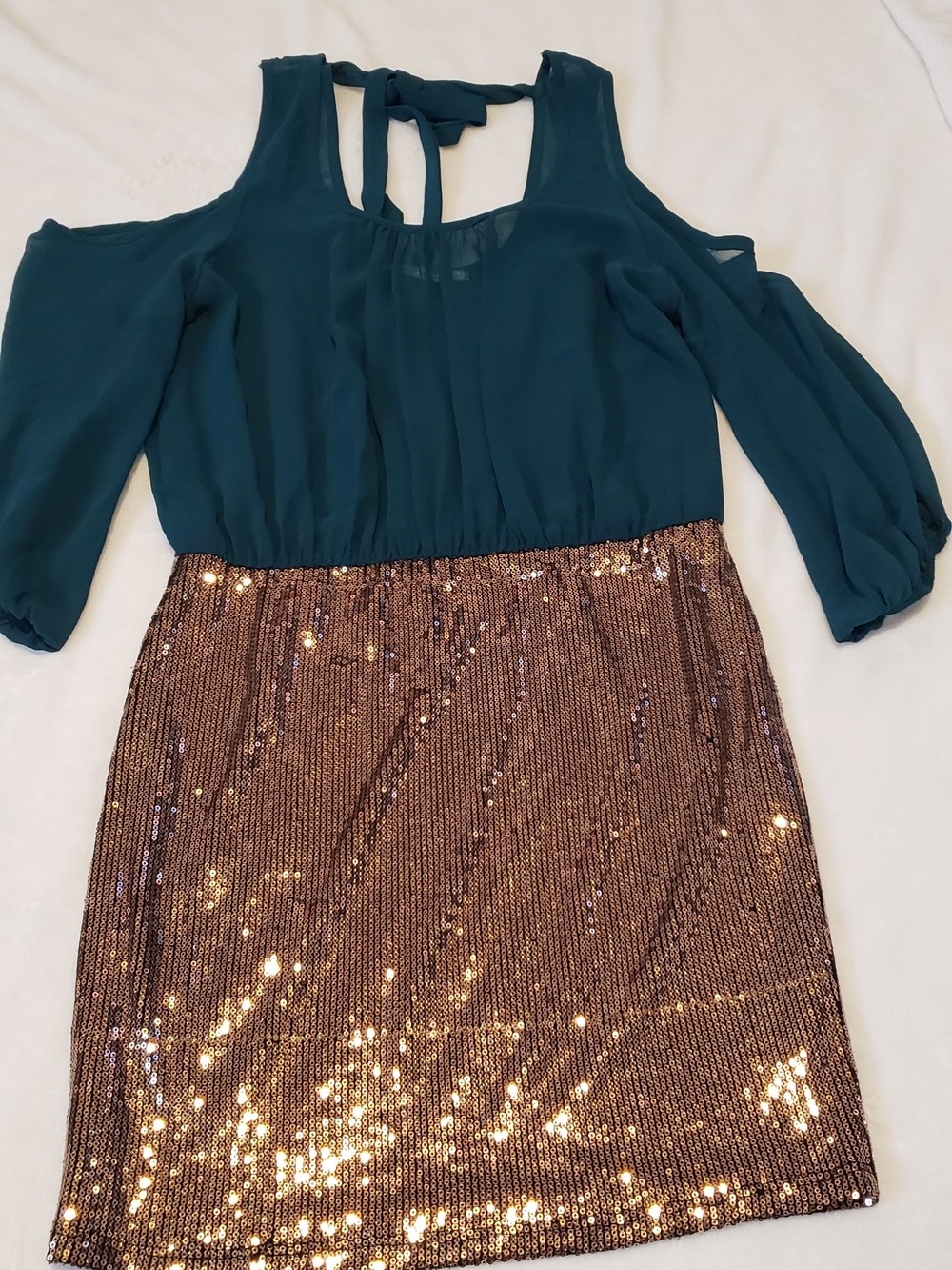 Must Have Teal Chiffon Cold-Shoulder Top with Bronze Sequin Skirt Dress
